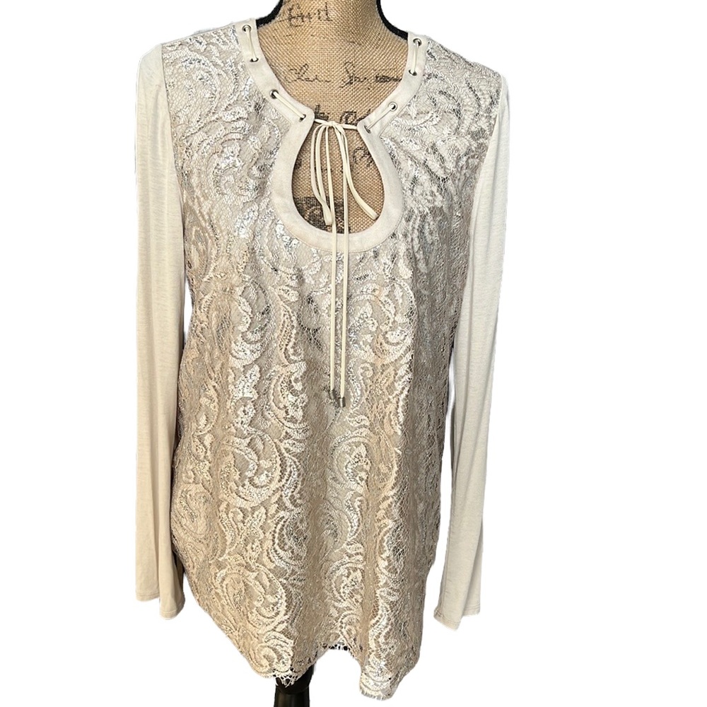 Hale Bob Knit Lace Front Long Sleeve Top